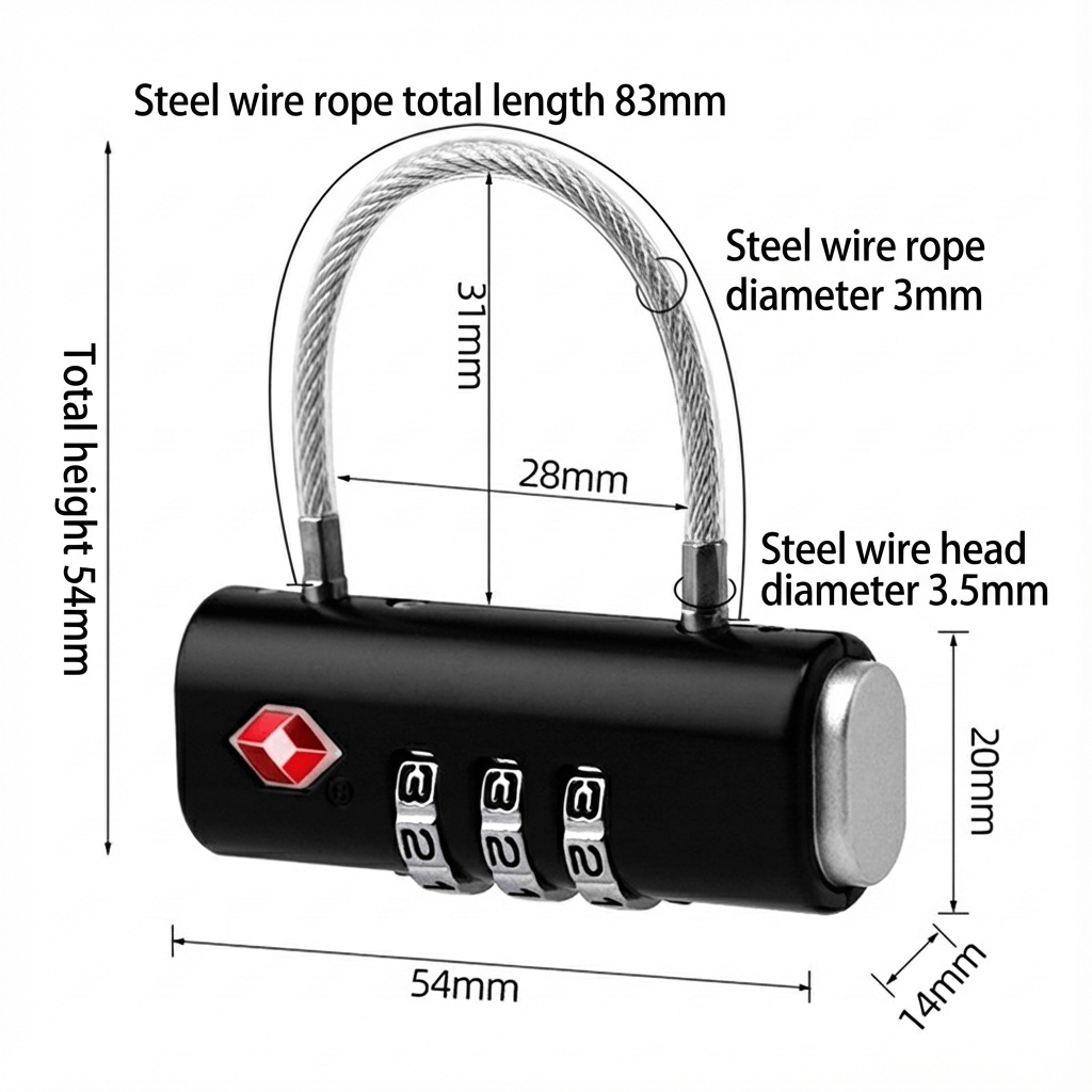 TSA Approved Luggage Lock 3 Digit Combination Travel Padlock Wire Cable